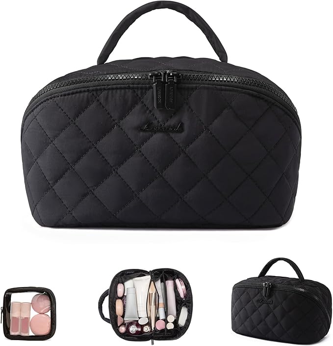 LOVEVOOK Travel Makeup Bag for Women, 2Pcs Puffer Waterproof Cosmetic Organizer, Large Capacity Pouch Open Flat Small Toiletry Bag with Brush Compartment & Handle (Black, Large)