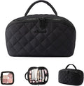 LOVEVOOK Travel Makeup Bag for Women, 2Pcs Puffer Waterproof Cosmetic Organizer, Large Capacity Pouch Open Flat Small Toiletry Bag with Brush Compartment & Handle (Black, Large)
