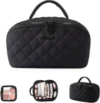 LOVEVOOK Travel Makeup Bag for Women, 2Pcs Puffer Waterproof Cosmetic Organizer, Large Capacity Pouch Open Flat Small Toiletry Bag with Brush Compartment & Handle (Black, Large)