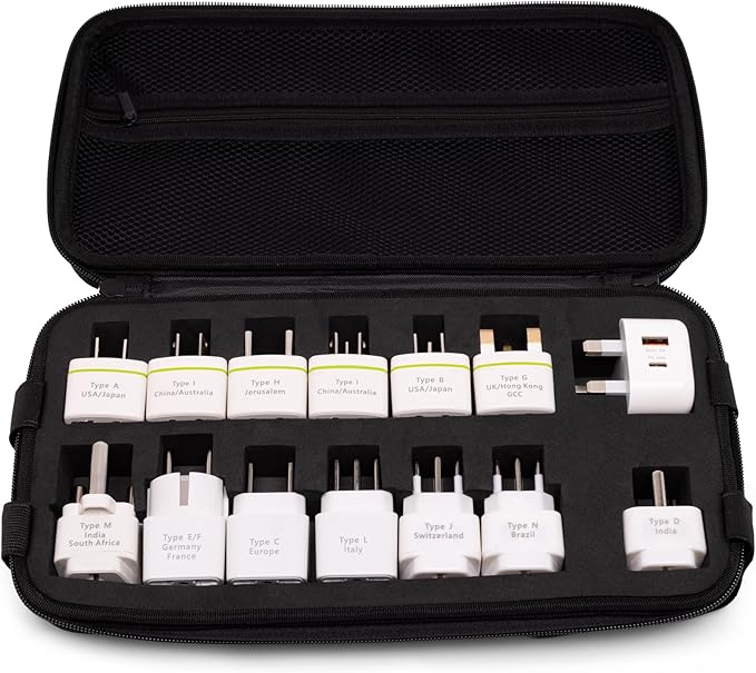 Universal Travel Plug Adapter Kit with Case – International Plug Adapter Set for Worldwide Travel – Multi Country Power Plug Kit for Europe, UK, US, Australia, Asia