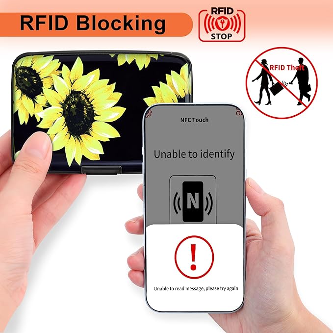 Mayski Credit Card Holder, RFID Blocking, Aluminum Alloy Hard Case, Small Mini Business Metal Wallet for Women Men, Sunflower