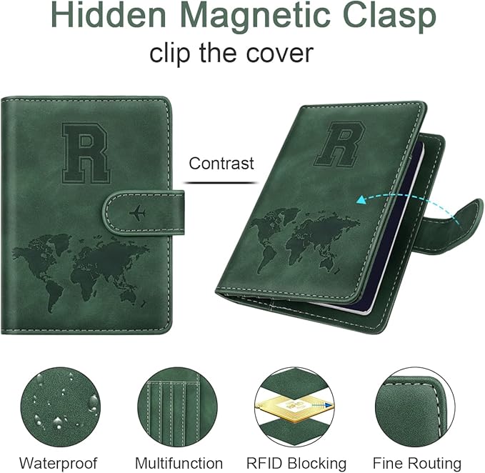 Personalized R Passport Holder Cover Initial Letter Travel Wallet RFID Blocking Passport Cover Credit Card Holder Case Passport Book Holders for Women and Men, Pine Green-R