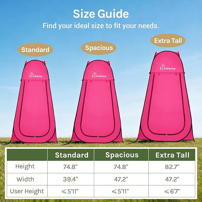 Wolfwise Pop Up Shower Tent for Camping, Portable Instant Changing Tent with Ventilation Window & Carry Bag, Privacy Bathroom Toilet for Beach & Outdoor, Width 47 ", Height 75 ", Rose Red