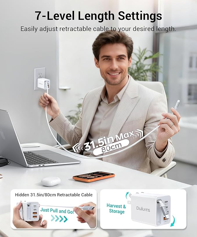 2026 Updated 40W Retractable Charger,4Port Travel Essentials Multiport,5-in-1 PD Wall Charger Block Plug+2.6ft Type C Cables, Fast Phone Charging Foldable Brick for iPhone 17/16/15 Pro Max,Galaxy