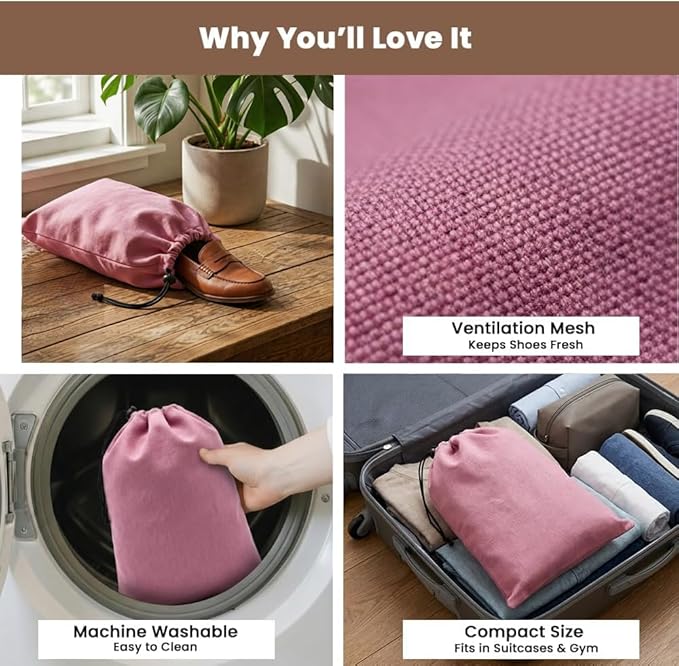 LFH Cotton Rich Shoe Storage Bags with Drawstring, Dustproof Breathable Reusable Organizer, Perfect For Travel, Dorm, Hotel, College, Gym, Easy to Carry, Machine Washable 8"x17" (Pack of 2) - Pink