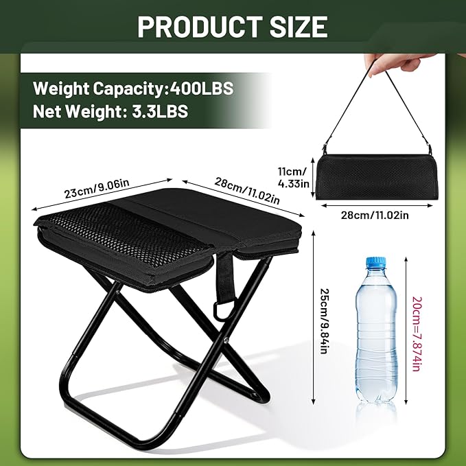 Ultra-Thin Portable Folding Stool - 1.97" Slim Fold, 0.99LB Lightweight, 200LB Capacity Camping Chair for Adults, Compact Collapsible Seat for Outdoor Fishing, Hiking, Events & Queue（Black）