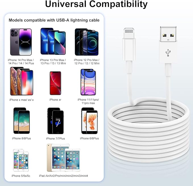 Susnwere Extra Long iPhone Charger Cable 15 ft/5M,[Apple MFi Certified] USB to Lightning Cable15 ft, iPhone Fast Charging Cord for Apple iPhone 14/14pro/13/12/11/11Pro/11Max/ X/XS/XR/XS Max/8/7,iPad