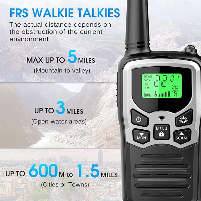 Walkie Talkies,MOICO Long Range Walkie Talkies for Adults Two-Way Radios with 22 Channels FRS VOX Scan LCD Display with LED Flashlight for Field, Survival Biking Hiking Camping 2 Pack (Silver A)