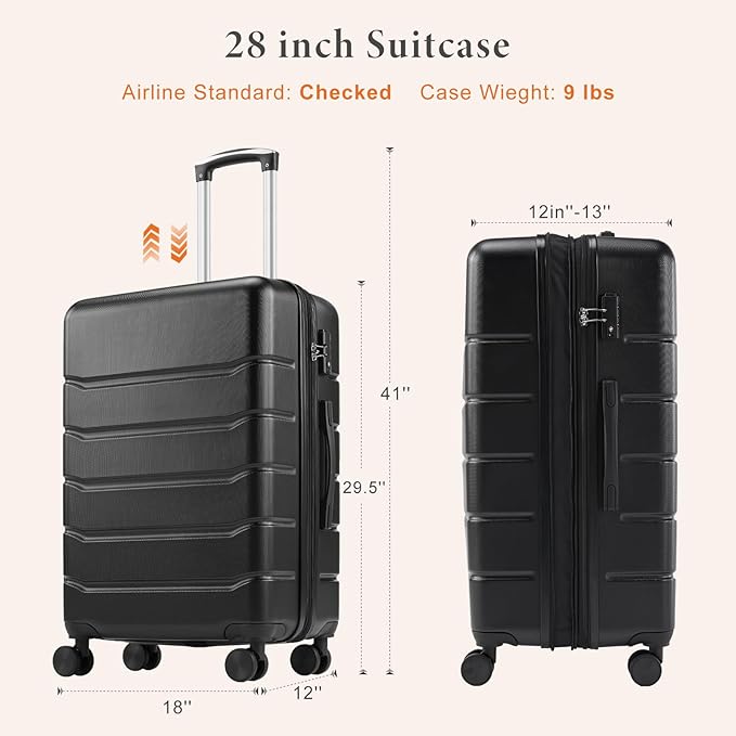 Sweetcrispy 28 Inch Carry on Luggage, Hard Shell ABS Suitcase with Double Spinner Wheels, Lightweight Expandable Rolling Suit Case with TSA Lock, Bronze Black