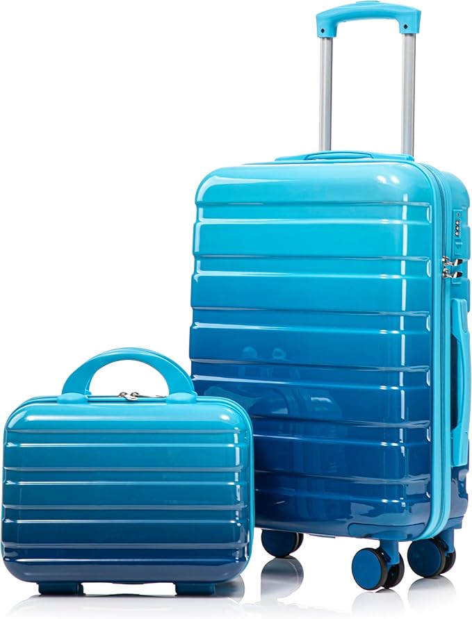 20 Inch Carry on Luggage with 14 Inch Cosmetic Case, 2 Pcs Hardshell Lightweight Durable Spinner Suitcase Set for Travel, Women, Men, TSA Lock, ABS, 20+14 Inch, Navy Light Blue