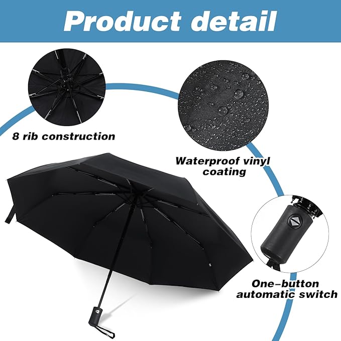 6 Pack Travel Bulk Umbrellas, Automatic Open Close Windproof Rain Umbrellas, Dual-use Black Folding Umbrella Compact Umbrella for Family Men Women