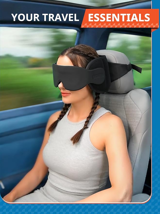 SARISUN Travel Pillow, Car Travel Pillow with 3D Eye Mask for Sleep, 360° Head Support Strap for All Car Seat, Road Trip Essentials, Stop Bobblehead, Black