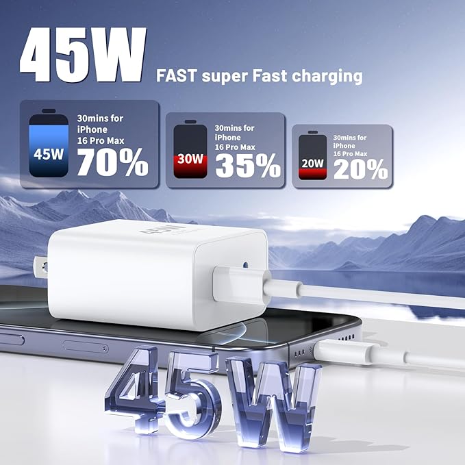 QZIIW iPhone 17 16 15 Pro Max Charger Fast Charging,45W Dual Port USB C Fast Charger Block [2-Pack] & Extra Long 60W 3/6/10/10FT USB C Cable - PD Quick Adapter 3.0 for iPhone 16 15 17/16 15 17 Pro.