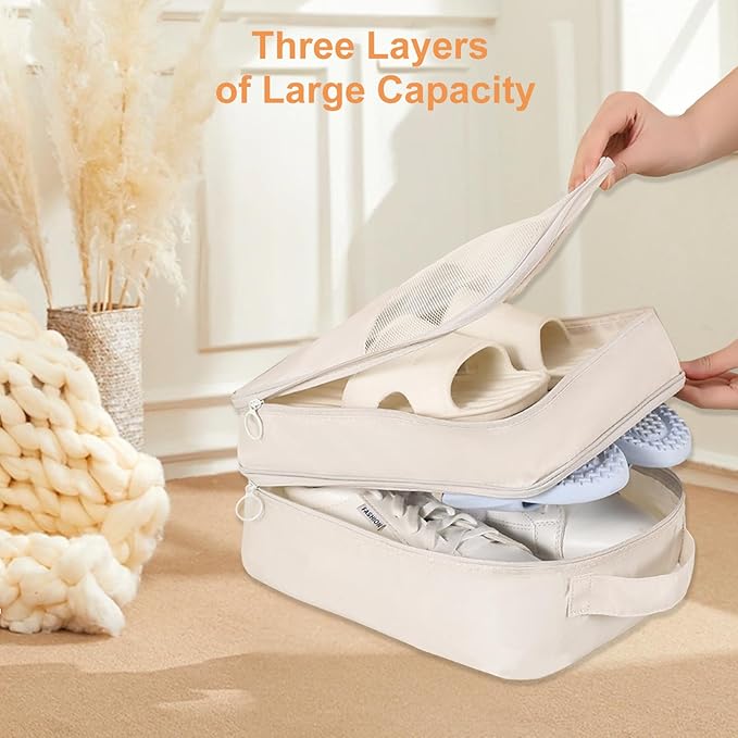 Shoe Bags for Travel Holds 3 Pair of Shoes, Travel Shoe Bag with 3 Layers Compartments, Waterproof & Washable, Navy