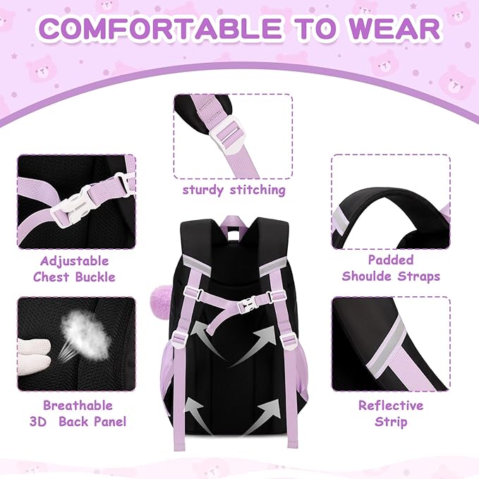 PIG PIG GIRL Kids Backpack for Girls School Bags for Middle School Students Book Bag for Elementary Primary Kawaii Ita Backpack, Black and Purple