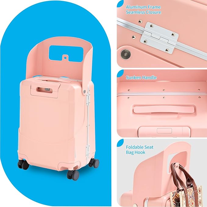 TABU 20" Ride on Luggage with Foldable Seat，Front-Opening Carry On Suitcase with Built-in USB & Type-C Port, TSA Lock and 360° Silent Spinner, for Kids & Adults, Pink