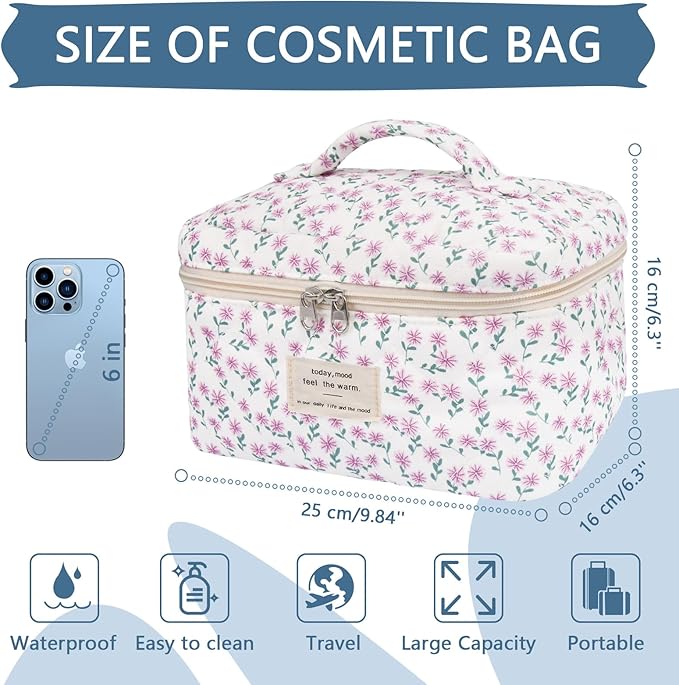 Gosect Large Makeup Bag, Cute Cosmetic Bag for Women Girls, Floral Coquette Aesthetic Toiletry Bag, Travel Make Up Organizer Bag (Purple Flower)