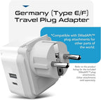 Ceptics Germany, Korea Travel Plug Adapter Set, 20W PD & QC, Safe Dual USB & USB-C - 2 USA Socket - Use in Schuko, France, Russia, Netherlands - Includes Type E/F SWadAPt Attachments