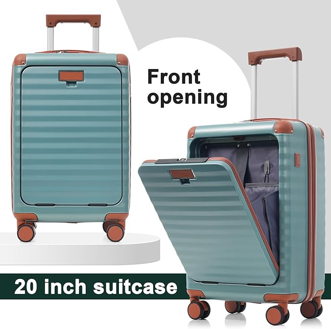 5 Piece Luggage Set w/TSA Locks & USB Port, Front Opening Hard Shell Luggage Sets, Expandable Suitcase Set with Wheels and Cup Holder(20"/24"/28") (Blue Green)