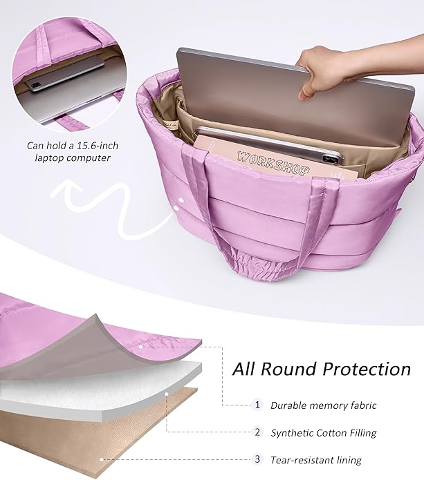 Puffer Tote Bag for Women, Lightweight Puffy Tote with Compartments, Shoulder Bag Crossbody Bags for Women Travel, Work, Gym
