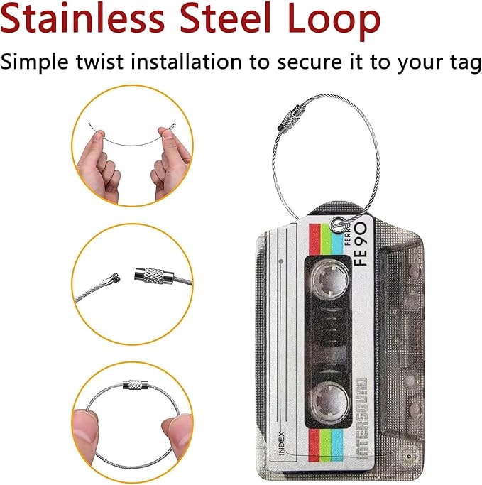 GACCAP 2 Pack Luggage Tags for Suitcase, Privacy Cover ID Label with Stainless Steel and Address Card for Travel Bag Backpack Cruise Ship Essentials Tag Women Men - Retro Cassette Tape