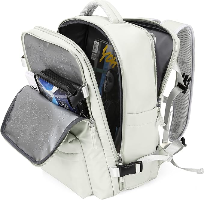 WONHOX Large Travel Backpack Women, Carry On Backpack, Hiking Backpack Waterproof Outdoor Sports Rucksack Casual Daypack with USB Charging Port Shoes Compartment, Moon White