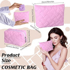 Huhumy 2 Pc Makeup Bag Set Cute Quilted Cosmetic Pouch for Women Travel Toiletry Bag Preppy Small Makeup Purse Pouch Skincare Brushes Storage Organizer Pencil Case Set(Knitted,Quilted,Rose Pink)