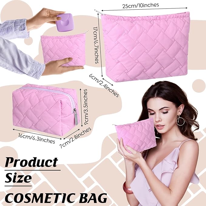 Huhumy 2 Pc Makeup Bag Set Cute Quilted Cosmetic Pouch for Women Travel Toiletry Bag Preppy Small Makeup Purse Pouch Skincare Brushes Storage Organizer Pencil Case Set(Knitted,Quilted,Rose Pink)