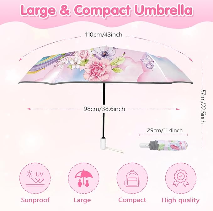 Kids Folding Umbrella Auto Open/Close Umbrellas for Rain Round Corner Safe Design UV Resistant Automatic Children Travel Umbrellas Reinforced Canopy 360° Reflective Strip Lightweight for Girls & Boys