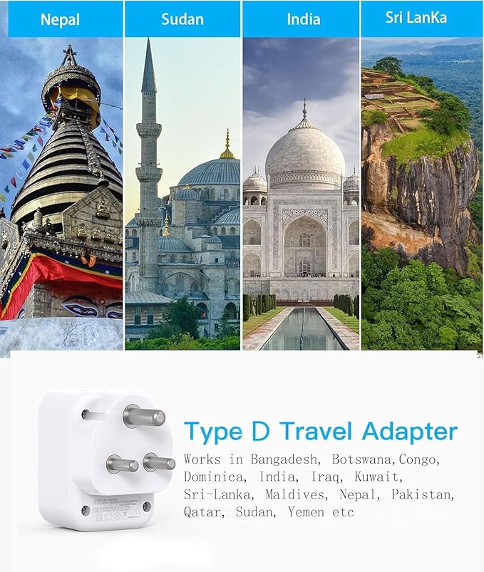 HANYCONY US to India Plug Adapter, Type D Travel Adapter with 3 Outlets 4 USB Ports(2 USB C), India Power Travel Adapter for USA to India, Bangladesh, Maldives, Pakistan