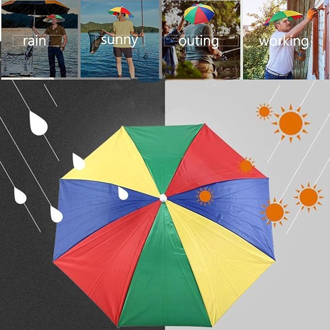 3 Pack Umbrella Hat, Sports Head Umbrella Hats for Adult Women, 26" Diameter Folding Waterproof Rainbow Fishing Headwear for Outdoor Party Beach Hiking