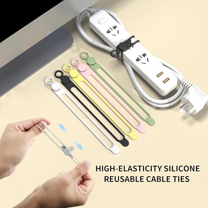 UMUST Silicone Cable Straps, 10pcs Extra-Long Reusable Hanging Organizer for Cables, Kitchen, Home, School (Black & White)