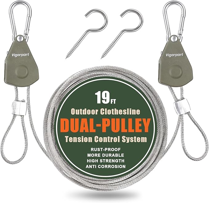 Vigorport Outdoor Retractable Clothesline Portable Travel Clothes Line Wire Ropes with PVC Coating Heavy Duty Rope Pully System for Camping, RV, Indoor Backyard（19Ft）