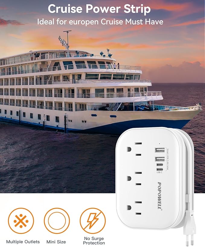 European Plug Adapter,EU/UK/US Travel Power Strip with 3 Outlets & 4 USB Ports(3.4A), International Power Adapter with 3 FT Extension Cord Compact for US to EU UK Germany Italy France Cruise