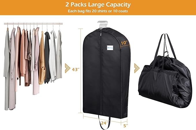 MISSLO Garment Bags for Travel Heavy Duty Moving Bags Large Capacity Hanging Clothes Bag for 20 Shirts Waterproof Fabric Suit Covers for Closet Storage 2 Packs, 43"