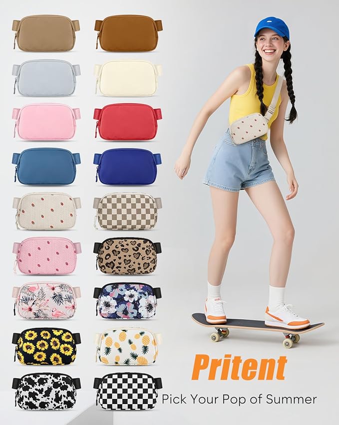 Pritent Fanny Packs for Women Cross Body Bag Waterproof Belt Bag with Adjustable Strap and Zipper Back Pocket Small Crossbody Bags Fashion Waist Packs for Workout Travelling(Strawberry Beige)
