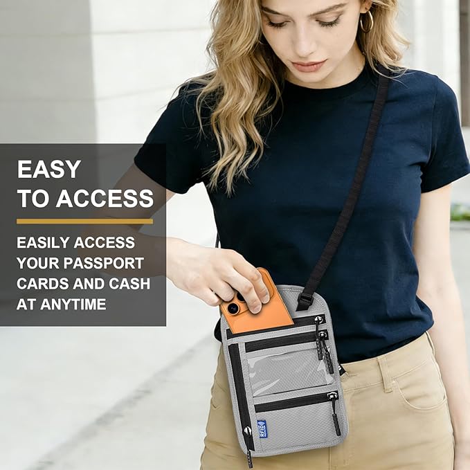 Neck Wallet with RFID Blocking - Hidden Travel Passport Holder Pouch | Concealed Under Clothing, Anti-Theft Security | Adjustable & Lightweight for Vacation, Airports