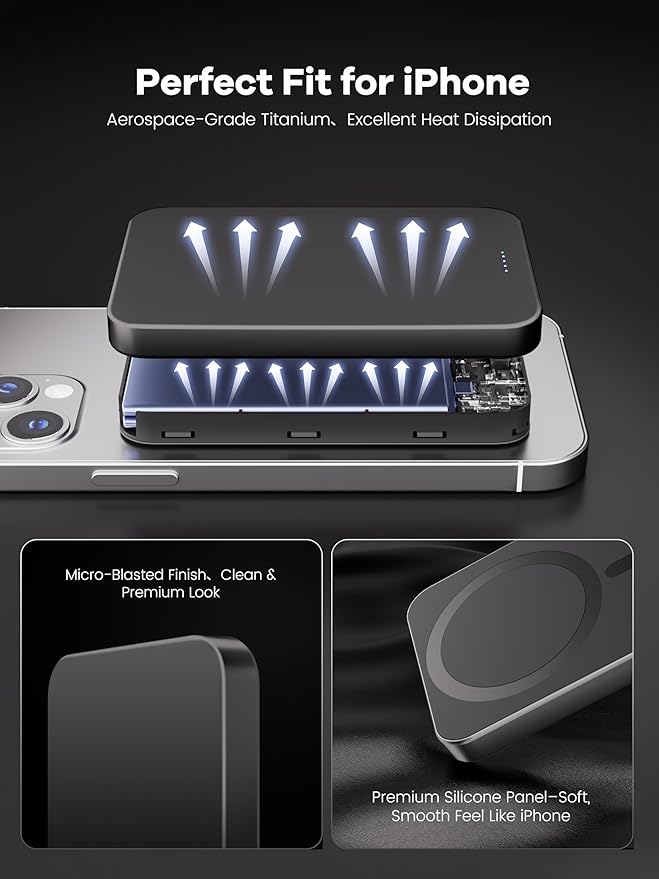 【Titanium Body & Ultra-Slim 0.3-Inch Design】 5000mAh Magnetic Power Bank with Titanium Body, Lightweight & Portable, Easy to Carry for Daily Use, Travel, and Emergencies