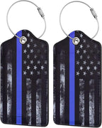 2 Pack Luggage Tags for Suitcases, PU Leather Bag Tag with Privacy Cover Address Card Travel Essentials-Blue Line American Flag