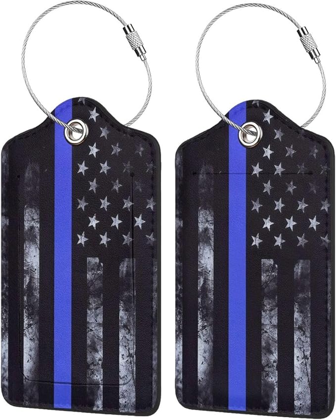 2 Pack Luggage Tags for Suitcases, PU Leather Bag Tag with Privacy Cover Address Card Travel Essentials-Blue Line American Flag