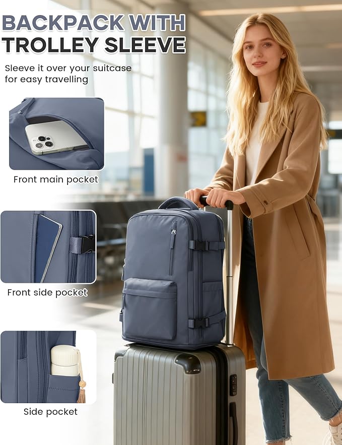 WONHOX Travel Backpack Women, Carry On Backpack for Men, Hiking Laptop Backpack Waterproof Outdoor Sports Rucksack Casual Daypack, Grey Blue