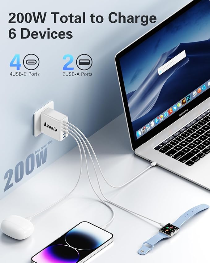 2 Pack 200W USB C Charger, Laptop Fast Charger, 6-Port Wall Charger Type C Charging Block Power Adapter for MacBook Pro, Dell XPS, iPhone 17, iPad, Tablet, Chromebook and More (White)