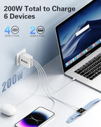 2 Pack 200W USB C Charger, Laptop Fast Charger, 6-Port Wall Charger Type C Charging Block Power Adapter for MacBook Pro, Dell XPS, iPhone 17, iPad, Tablet, Chromebook and More (White)