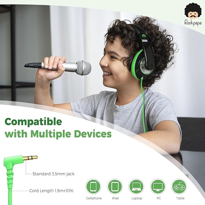 rockpapa Comfort Kids Headphones for School, Lightweight Foldable Portable Childs Boys Girls Teens Headphones Wired 3.5mm with 4.9ft Cord for Travel Airplane Tablet Phone Laptop Black/Green+White/Blue