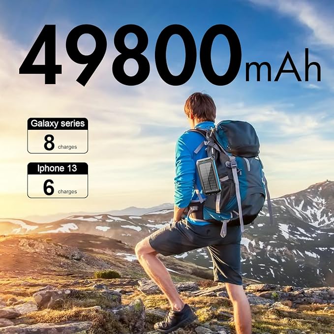 Solar Power Bank 49800mAh Portable Solar Phone Charger with LED Flashlight/15W Fast Charge USB C Waterproof External Backup Battery Pack for All Cell Phones & Electronic Devices