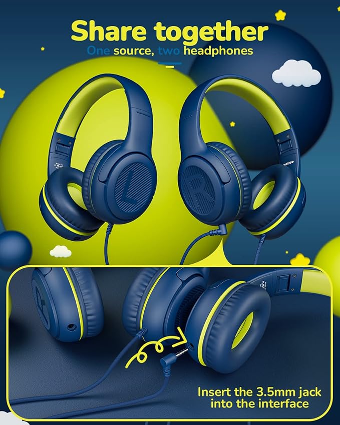 awatrue Kids Headphones for School Travel, 85/94dB Safe Volume Limit, 3.5mm Jack, HD Mic, Portable Wired Headphone with Shareport, Stereo Sound On-Ear Headphones for Toddler Kids Girls Boys Bluegreen