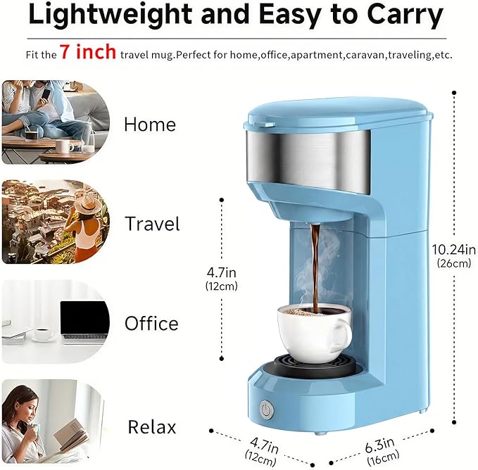 Single Serve Coffee Maker, 2 in 1 Brewer for K Pod & Ground Coffee, 90s Rapid Brew 6 to 14oz Capacities with Auto Shut Off, Small Compact Design for Home Office Travel Camping-Blue