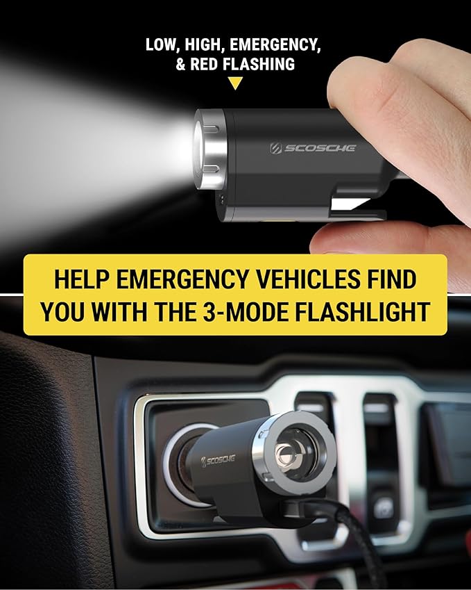 Scosche PB5N1 GoBat Pro 5-in-1 Vehicle Safety Kit, Emergency Car Escape Tool with Seatbelt Cutter, Glass Window Breaker, LED Flashlight, 12W USB-C Car Charger and Portable Power Bank