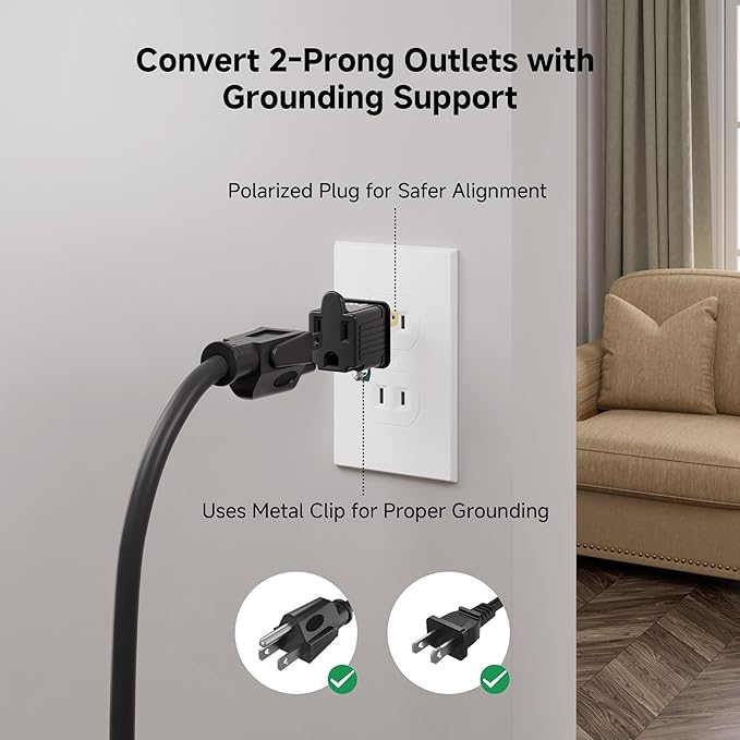 [UL Listed] Cable Matters 3-Pack 2 Prong to 3 Prong Outlet Adapter, 3P to 2P Plug Adapter - Converts a 2Prong Outlet to Support 3Prong Plugs, Black