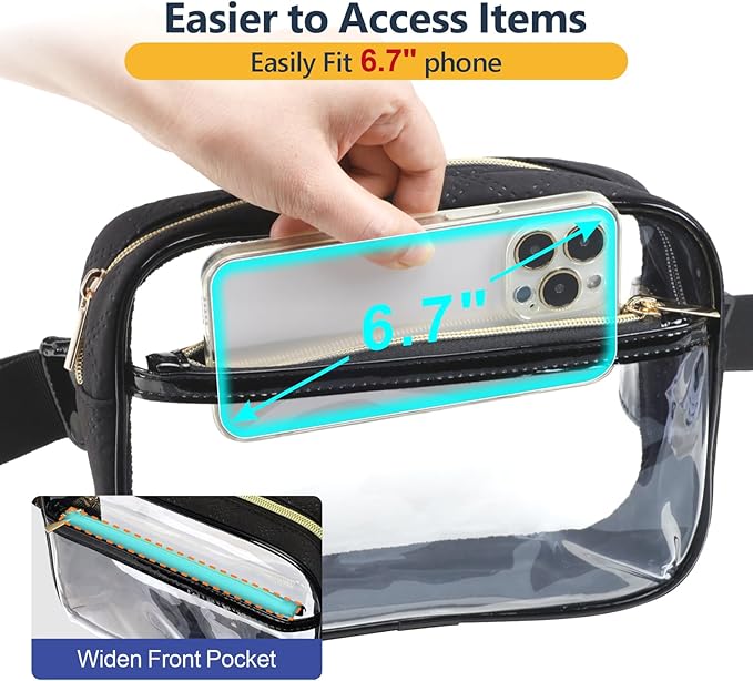 Packism Clear Fanny Pack for Women Stadium Approved - Quilted Clear Belt Bag, Adjustable Strap Fits 35-51 Inches, Transparent Waist Bag for Sports Concerts Festivals, Black